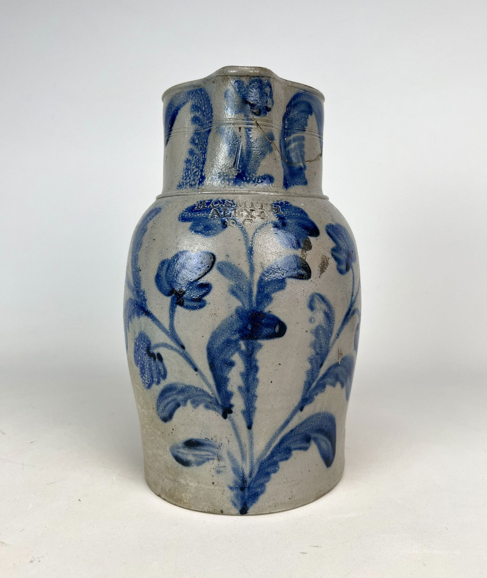 Antique H.C. Smith Cobalt Blue Decorated Stoneware Pitcher Alexandria Virginia (1 of 13)