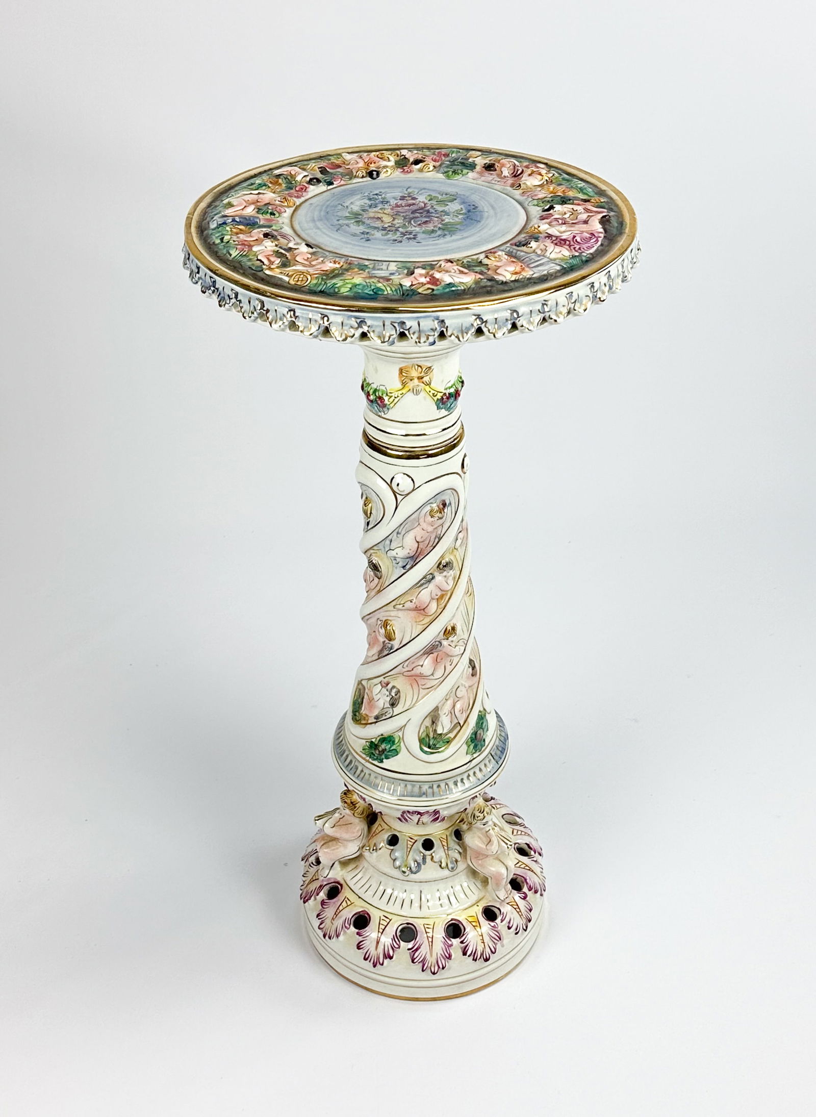 Fine Mid Century Italian Capodimonte Putti Decorated Ceramic Twist Pedestal Plant Stand (1 of 8)