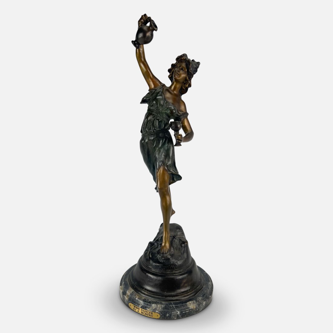Auguste Moreau (After) "Wine Dancer" Bronze Sculpture: Heavy bronze sculpture after Auguste Moreau titled "Wine Dancer". Signed "Moreau" as shown. Good overall condition with age-appropriate wear. We Do Not Provide In-House Shipping!Please reach out to Do