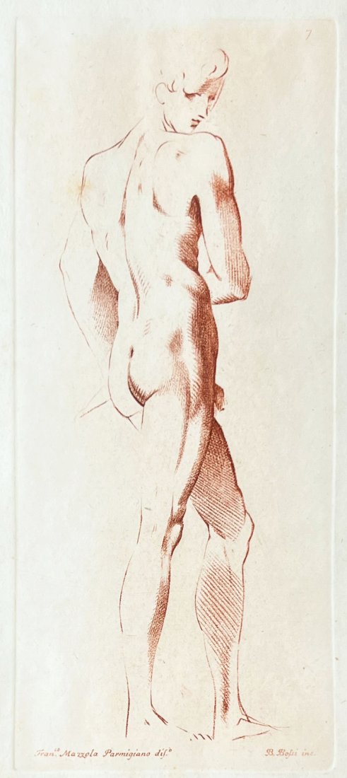 Antique 1772 Male Nude Engraving After Parmigianino by Benigno Bossi: Fantastic 1772 antique engraving of a very unique male nude with contrasting feminine facial features and strong masculine build after "Parmigianino" Girolamo Francesco Maria Mazzola. See Italian Fede