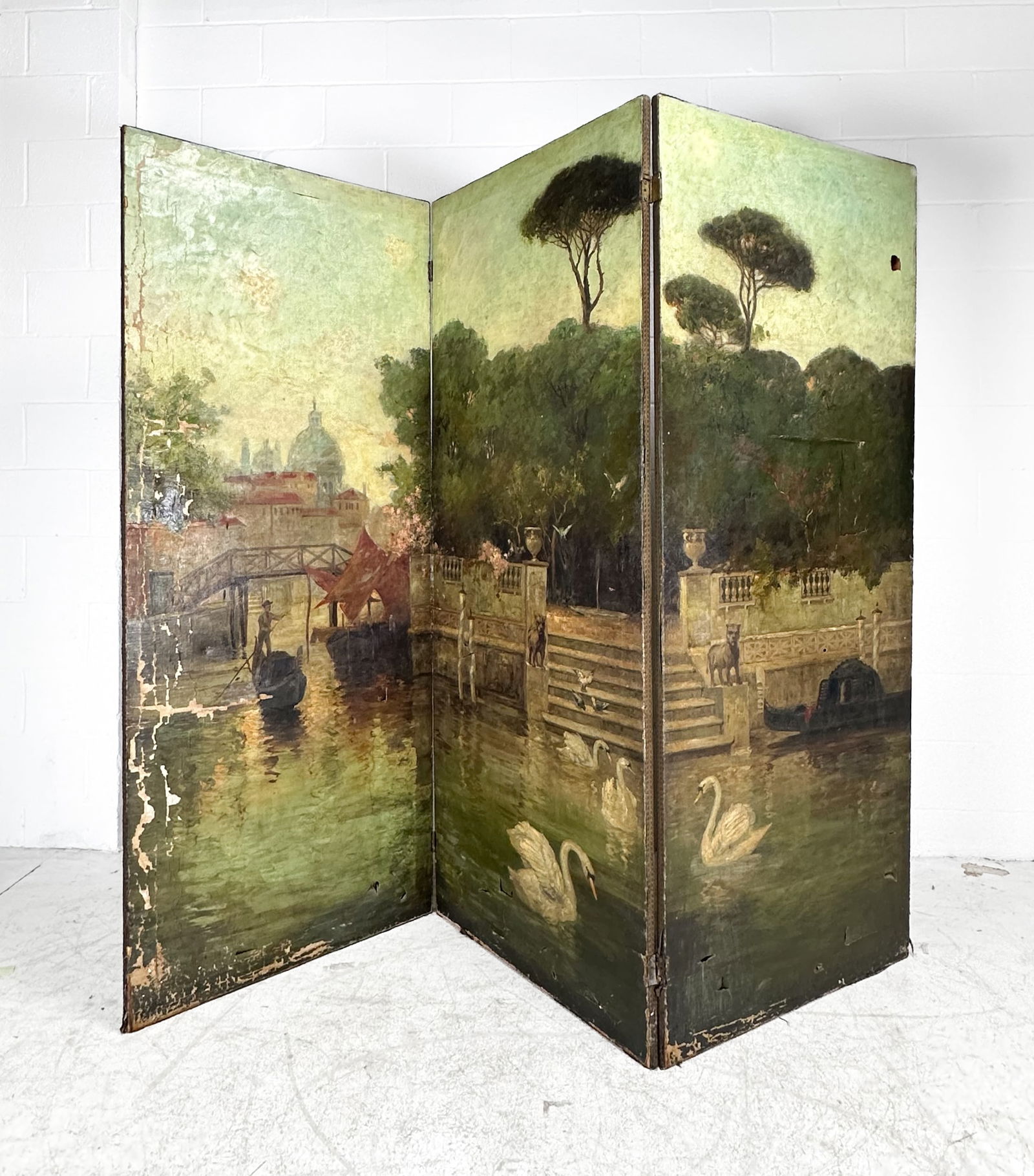 Antique Oil on Canvas Three-Panel Room Divider Painted Venetian Landscape Screen (1 of 10)