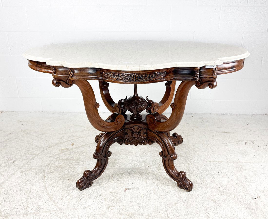 Large Antique 19thC American Victorian Carved Walnut and Marble Turtle Top Center Table (1 of 6)