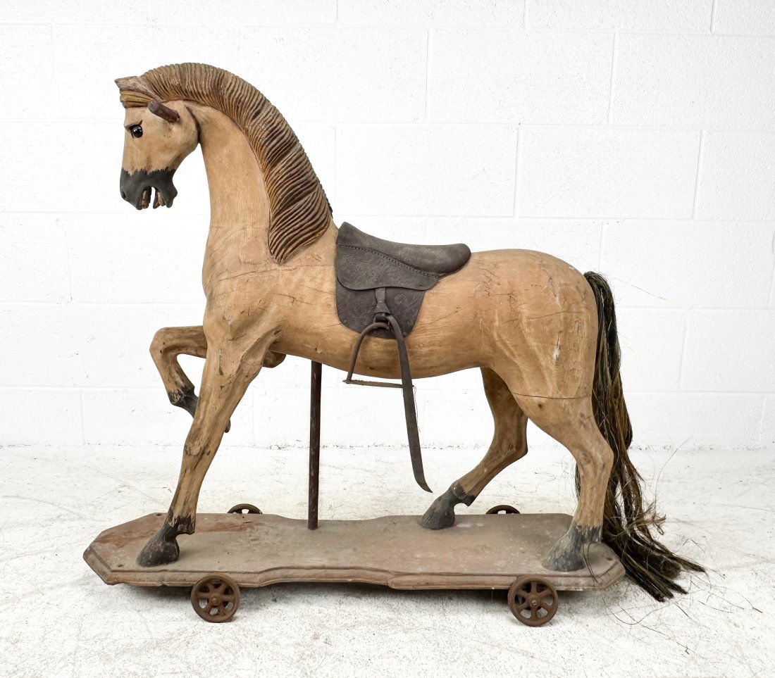 Antique 19thC German Childs Carved Wood Glass Eye Platform Rocking Horse Ride-On Pull Toy (1 of 10)