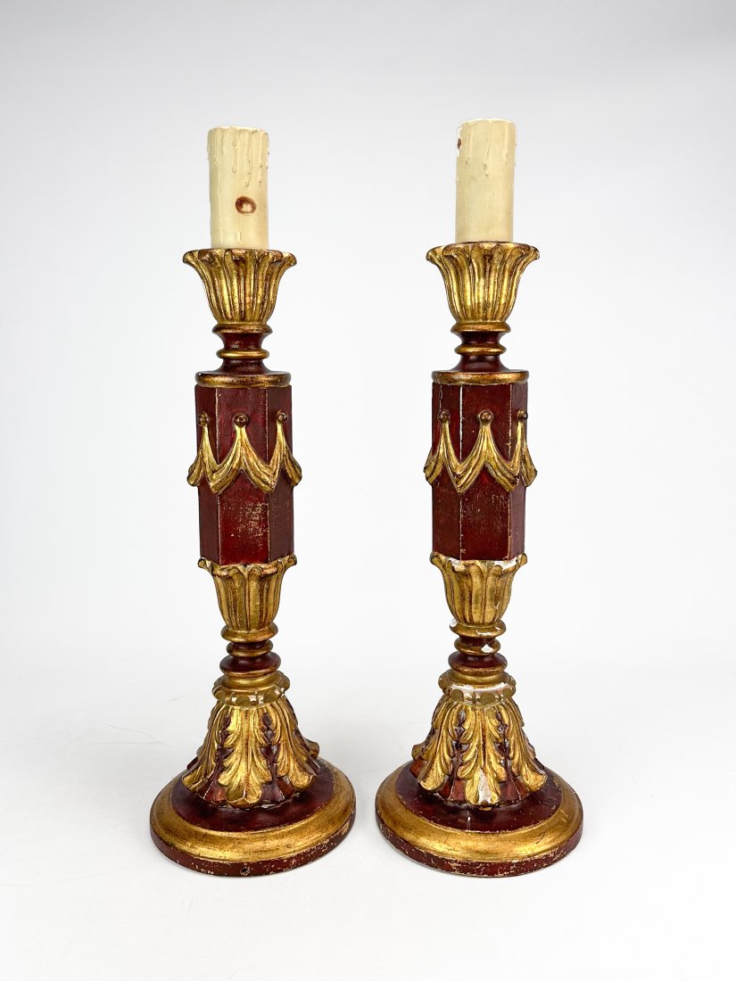 Vintage 1960s French Country Paint Decorated Carved Gilt Wood Candlestick Lamp Base Pair (1 of 9)