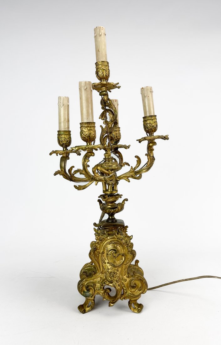Antique 19thC French Gilt Bronze Five-Light Candelabra Mounted as Electric Table Lamp (1 of 6)