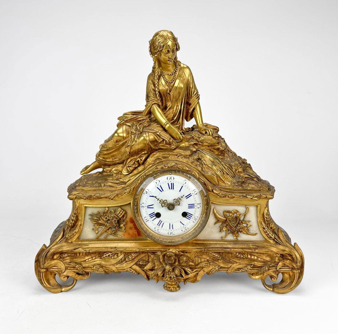 Antique 19thC French Gilt Bronze Figural Mantel Clock w/Inset Marble-NO MOVEMENT (1 of 8)