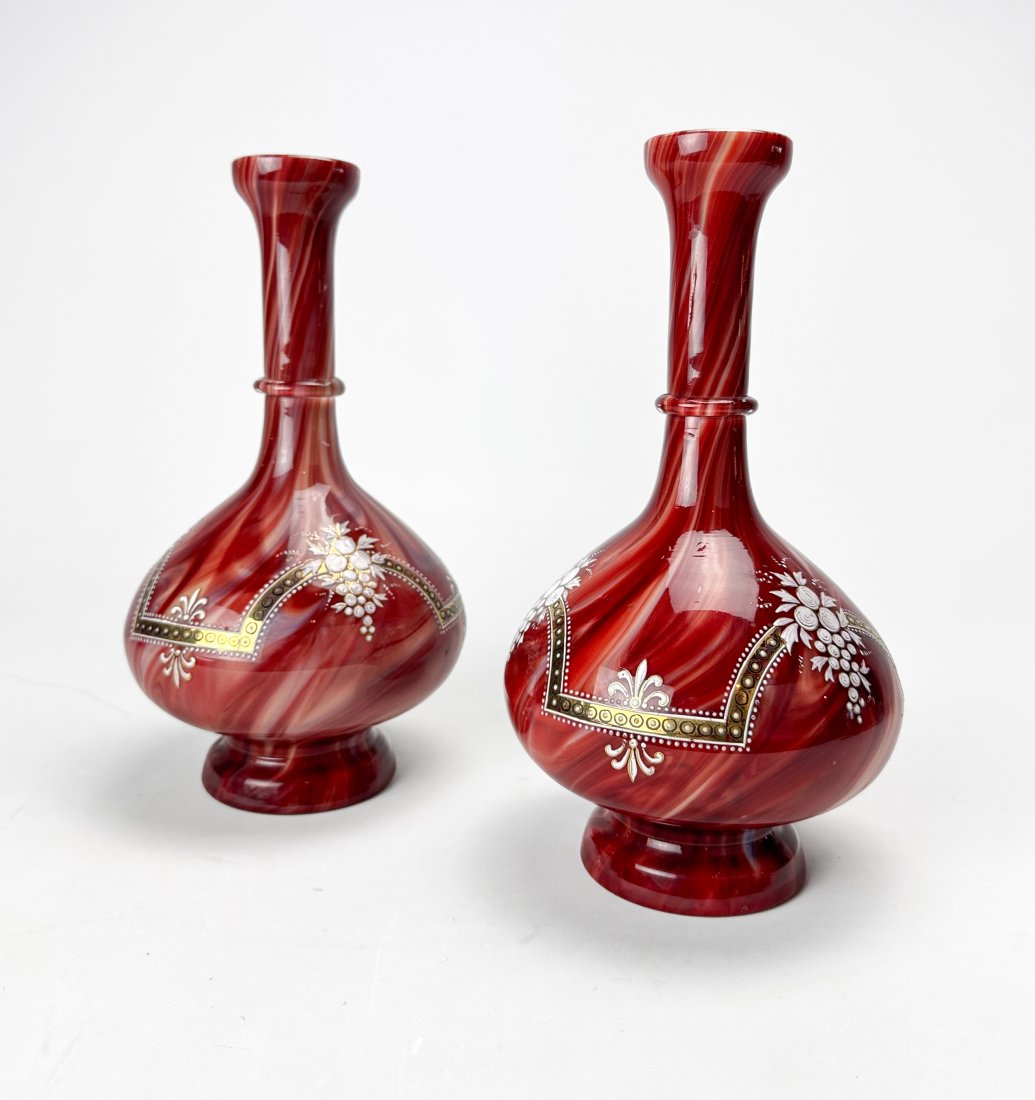 Antique Swirled Molded Oxblood Bohemian Art Glass Vase Pair w/Applied Enamel Decoration (1 of 6)