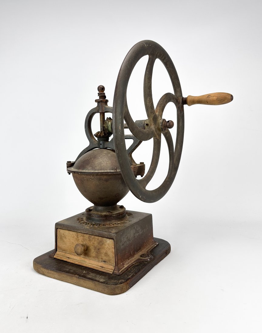 French Cast Steel and Wood Coffee Grinder by Goldenberg of Alsace: Ca. first half 20thC. French cast steel coffee grinder by Alsace-based company "Goldenberg". In good original condition with no cracks, breaks or repairs. We Do Not Provide In-House Shipping! Please r