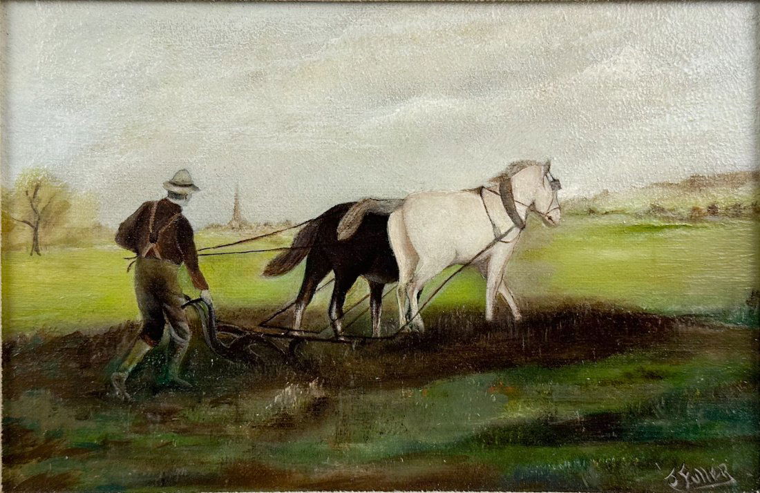 J. Fuller "Workhorses Plowing Field" Oil on Canvas Framed Painting (1 of 6)