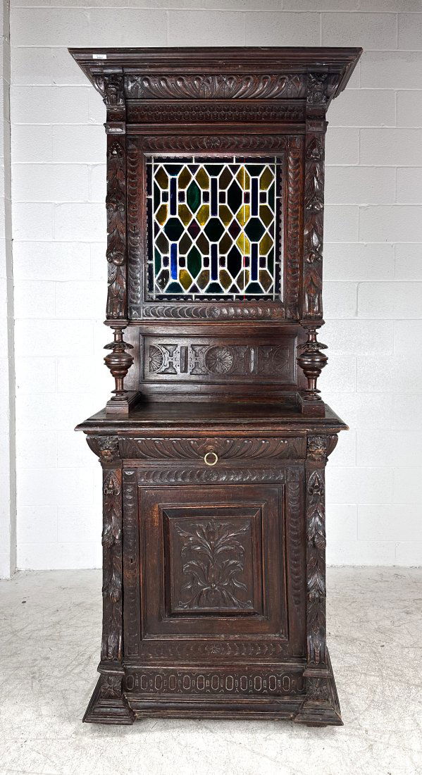 Antique English Elaborately Carved Oak Leaded Stained Glass 2-Piece Narrow Cupboard Cabinet (1 of 16)