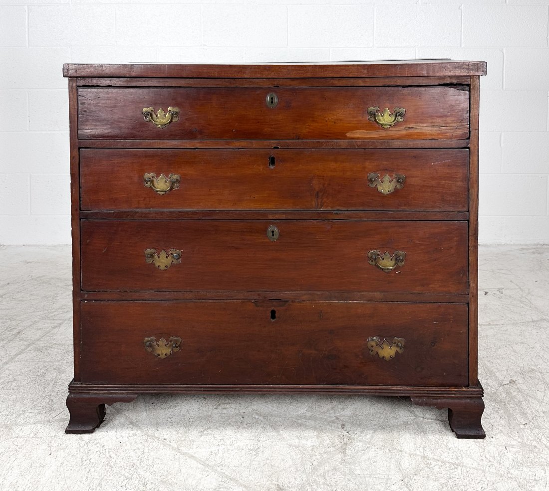 Antique 19thC American Mahogany Four-Drawer Gentlemans Chest of Drawers: Antique 19thC American Four-Drawer Gentlemans Chest of Drawers. Ca. first half 19thC. Good age-appropriate condition with wood separations, minor losses and stains, and missing brass hardware.