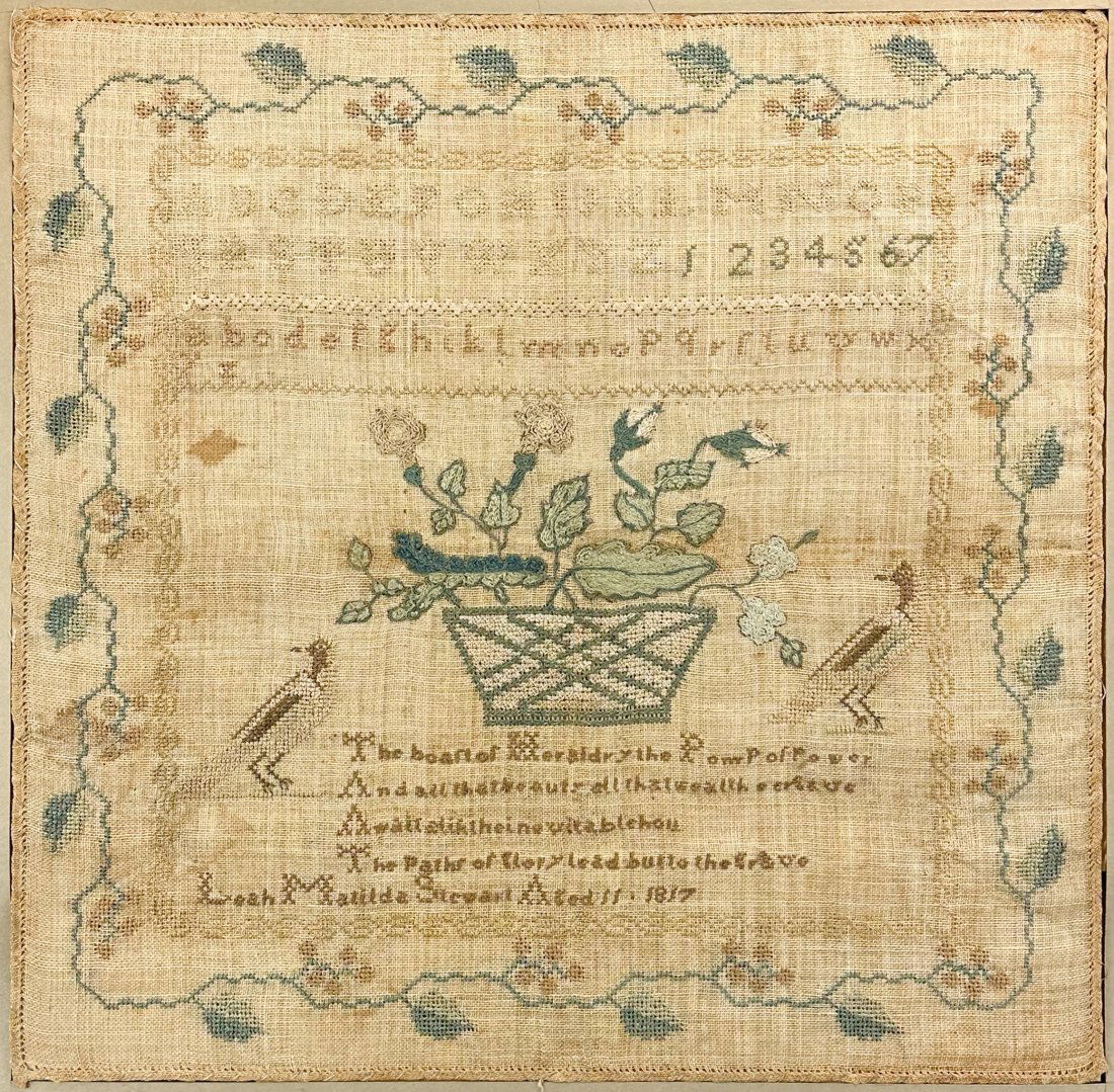 Antique 1817 Needlework Sampler on Linen by Leah Matilda Stewart in Frame (1 of 6)
