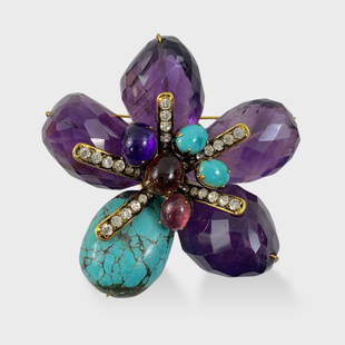 Stunning Iradj Moini Faceted Amethyst & Turquoise Flower Pin: Delicately made with genuine stones and 18K gold plated brass. Approx. 3” x 1 1/8”. Good preowned condition. Shipping: We do not provide in-house shipping or packing. Please reach out to o