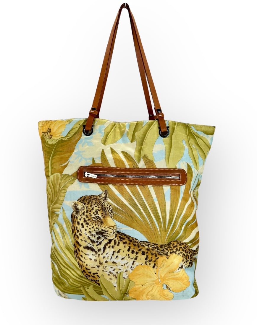 SALVATORE FERRAGAMO Satin and Leather Jungle Tote with Leopards.: Spots Near Bottom. See pictures. Shipping: We do not provide in-house shipping or packing. Please reach out to one of our preferred shippers for a quote: Donald Camden UPS Store #4608 store4608@theups