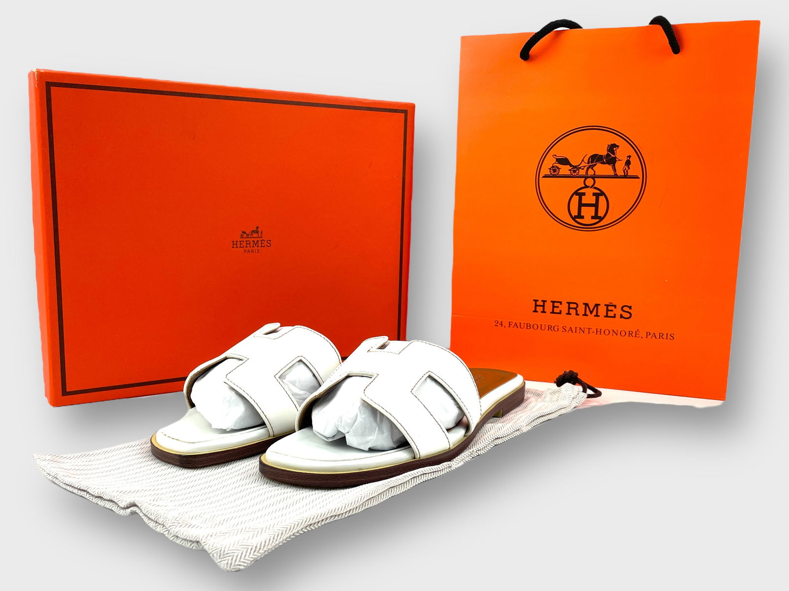 HERMES Paris Sheepskin Leather White Sandals. Size 35, Includes Box, Dust Bag, Shopping Bag, and (1 of 8)
