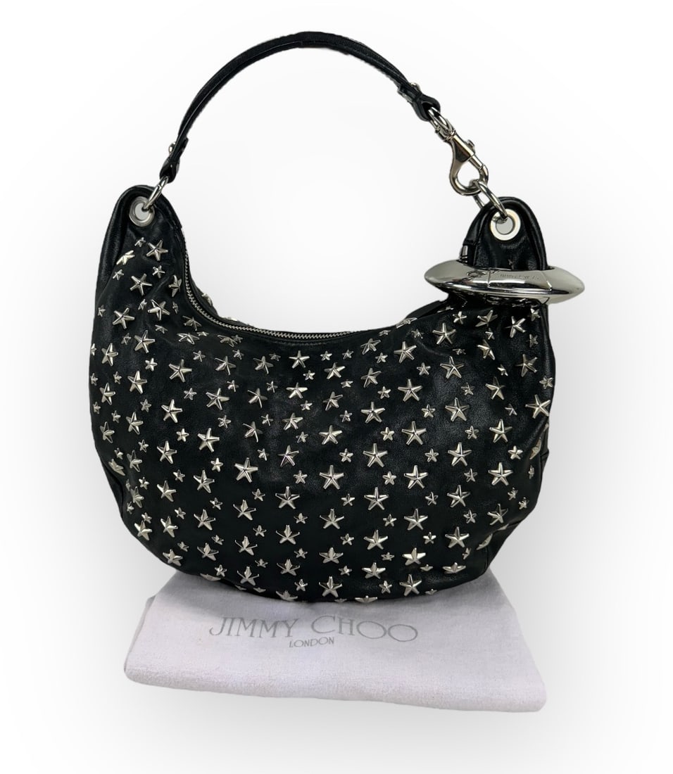 JIMMY CHOO Black Genuine Leather Star-Studded Hobo Handbag with Chunky Signature Bangle.  Made in (1 of 8)