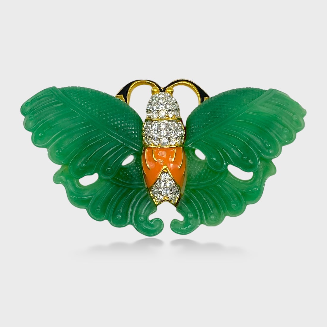 Kenneth Jay Lane Carved Hardstone Jade Enamel Rhinestone Figural Butterfly Brooch (1 of 6)