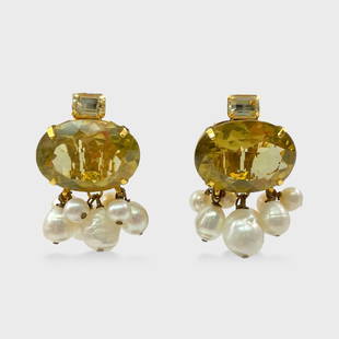 Iradj Moini Gold Tone, Citrine & Baroque Pearl Drop Clip On Earrings W/ Box: Approx. 1 1/2&rdquo; x 1&rdquo;. Good preowned condition. Shipping: We do not provide in-house shipping or packing. Please reach out to one of our preferred shippers for a quote: Donald Camden UPS Sto