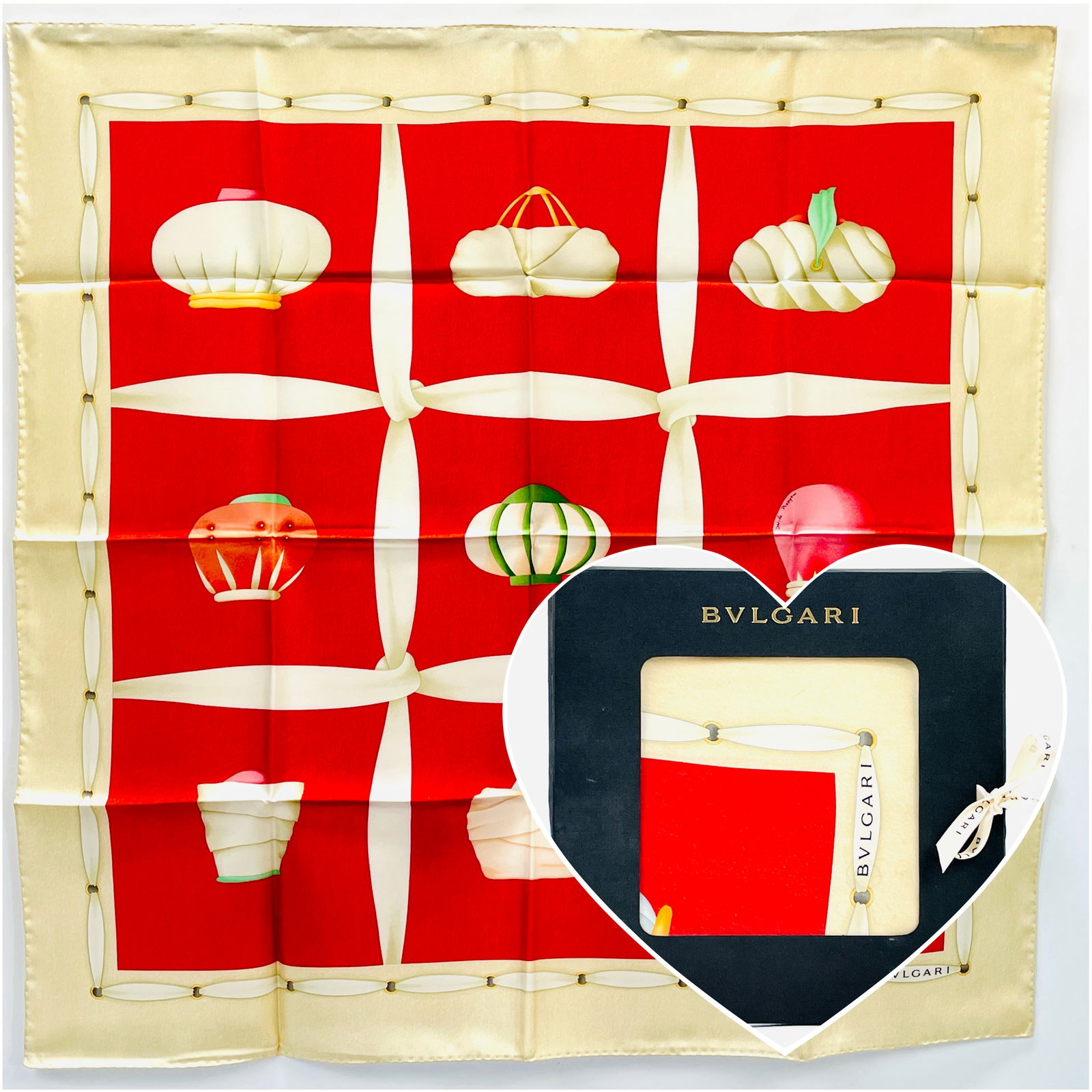 NIB BVLGARI TOPKAPI 100% Silk Scarf In Box, Red Background, Ivory Border (1 of 8)