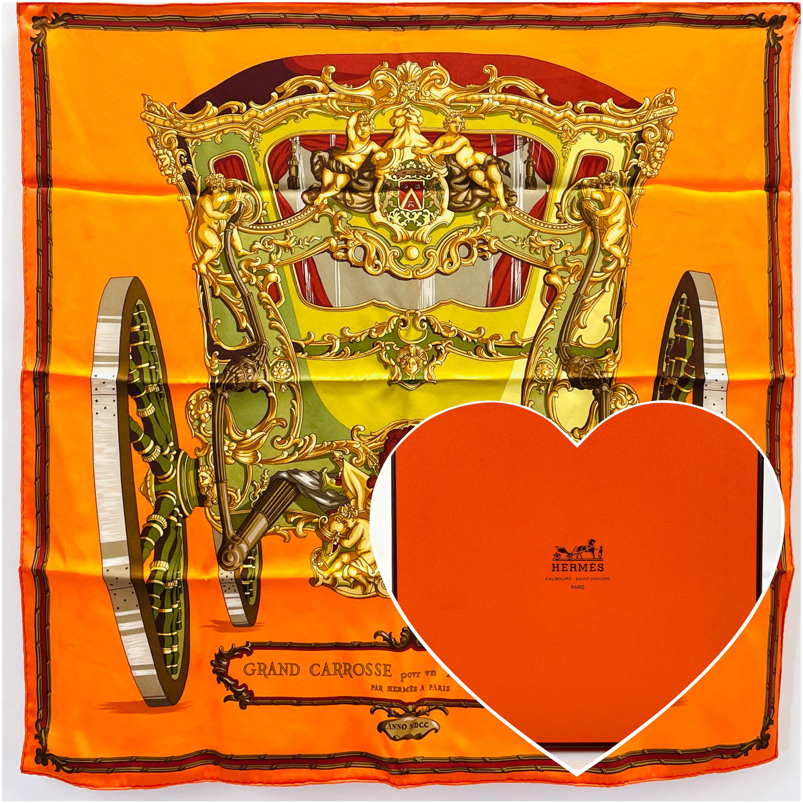 NIB HERMES Silk Vintage Grand Carrosse Scarf, Orange (1 of 6)