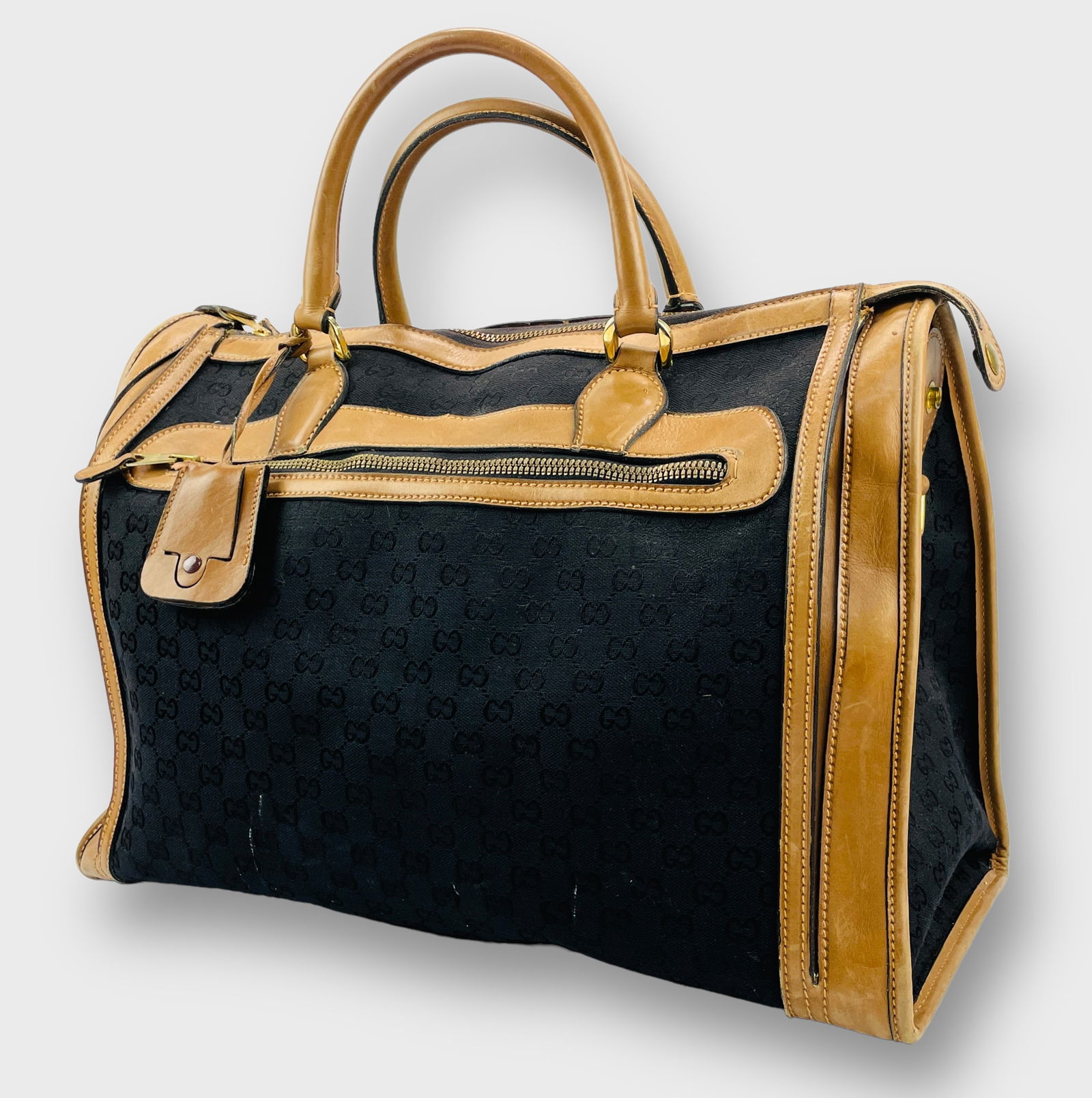 GUCCI Boston Black Canvas Bag with Tan Leather Trim - Made in Italy (1 of 11)