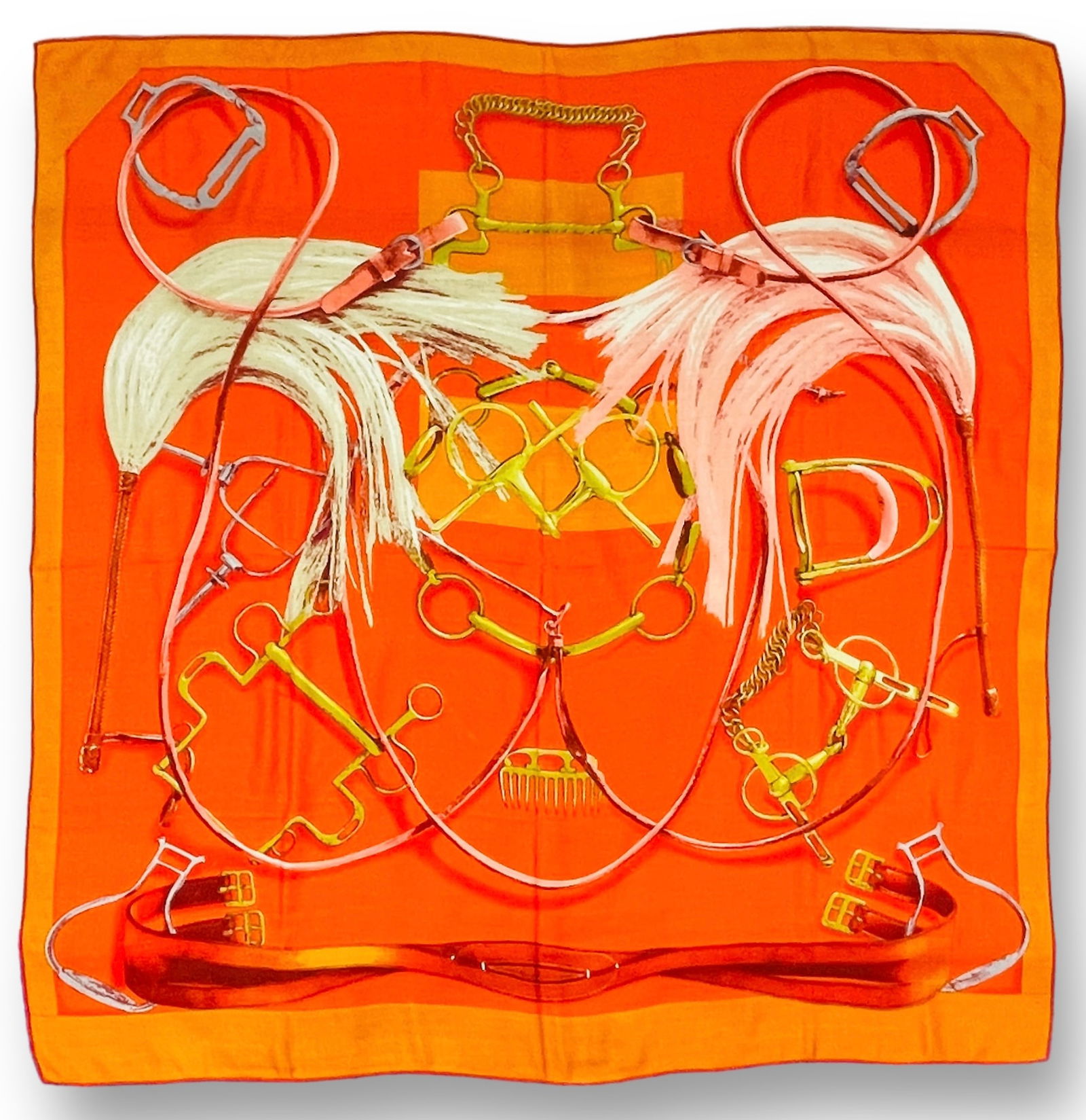 HERMES Orange Silk/Cashmere Challis Equestrian-themed Scarf (1 of 4)