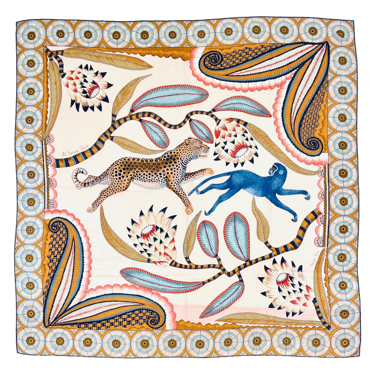 HERMES Ardmore Artists The Savana Dance, Silk/Cashmere Challis Scarf: Preowned, good condition, minor stain dots, approximately 54" x 54" Shipping: We do not provide in-house shipping or packing. Please reach out to one of our preferred shippers for a quote: Donald Camd