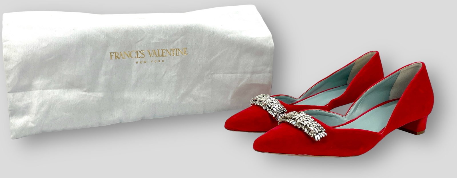 FRANCES VALENTINE New York Fancy Red Shoes with Silver Bugle-Bead Detail. Size 11B: Preowned, great condition, minor wear, outsoles have some wear, dust bag included Shipping: We do not provide in-house shipping or packing. Please reach out to one of our preferred shippers for a quot