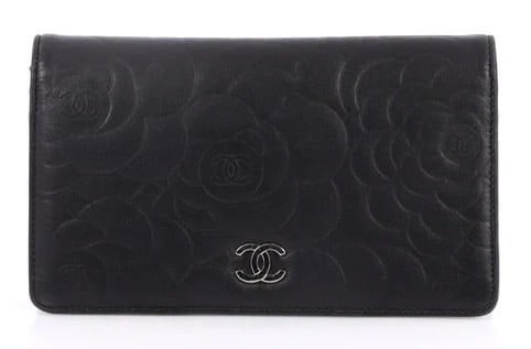 CHANEL Black Leather Folding Wallet. Leather is Embossed with a Rose Pattern (1 of 7)