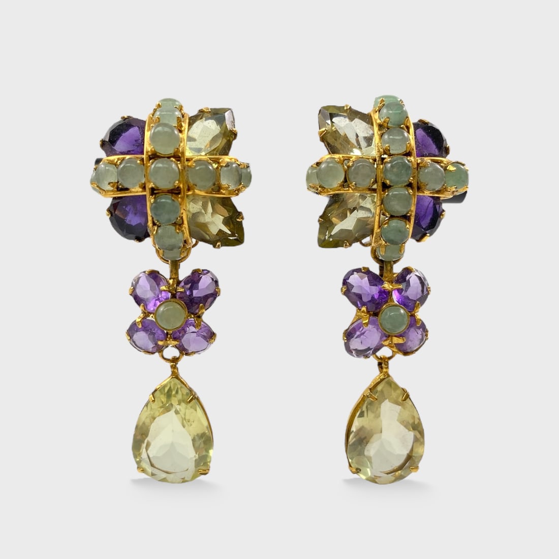 C&D High End Costume Gold Tone, Multi-Stone, Green & Violet Drop Clip On Earrings (1 of 3)