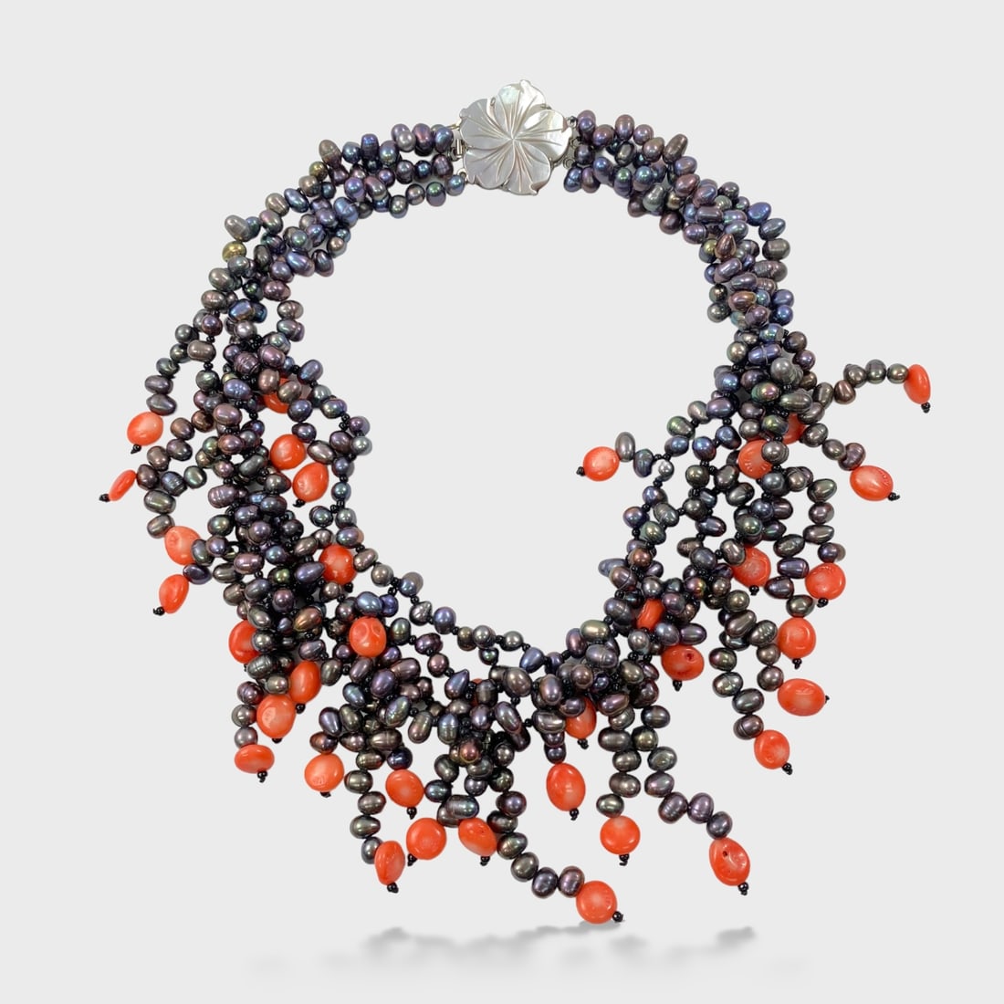 Truly Unique Black Pearl & Coral 4 Strand and 17" Necklace w/ Mother of Pearl: Pearls approx. 7.75mm. Shipping: We do not provide in-house shipping or packing. Please reach out to one of our preferred shippers for a quote: Donald Camden UPS Store #4608 store4608@theupsstore.com 