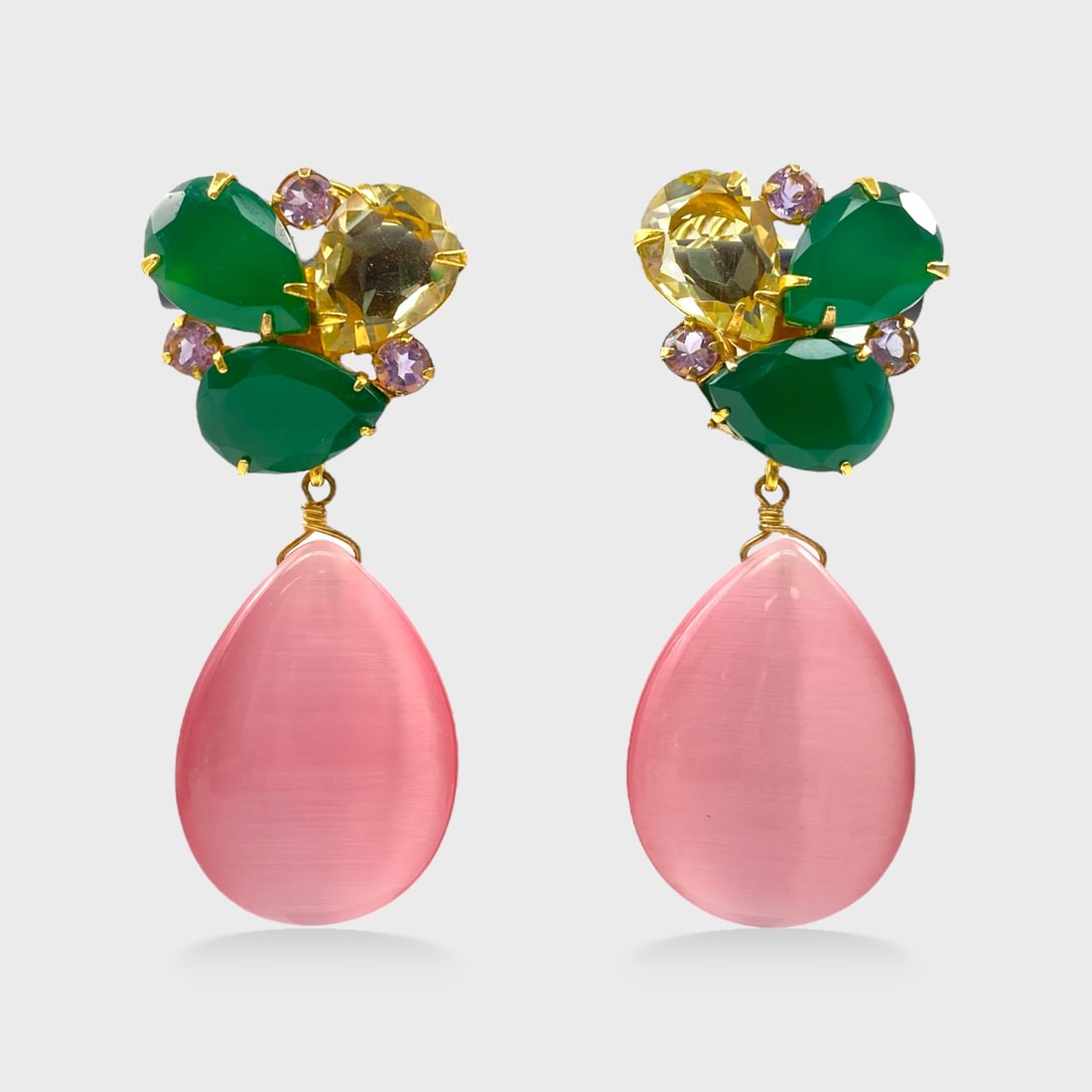 BOUNKIT Drop Dangle Pierced Earrings w/Stone Cluster & Pink Drop (1 of 1)