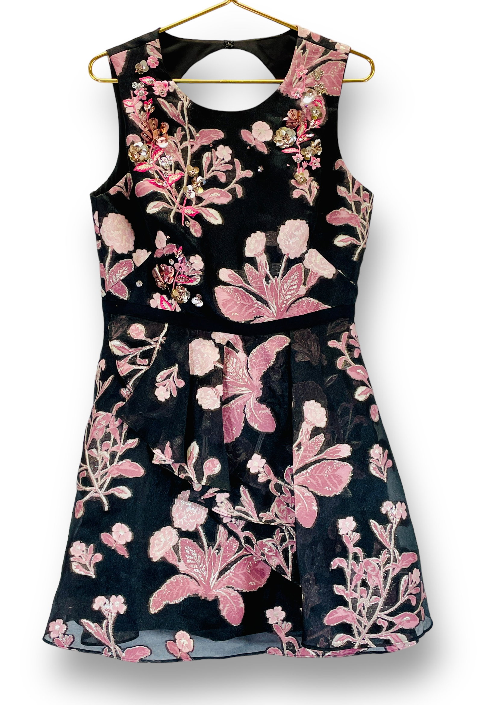 MARCHESHA NOTTE Black Fit & Flare Party Dress with Back Cutout, Pink Metallic Floral Motif, and: Shipping: We do not provide in-house shipping or packing. Please reach out to one of our preferred shippers for a quote: Donald Camden UPS Store #4608 store4608@theupsstore.com - 703-569-8802 Navis Pa