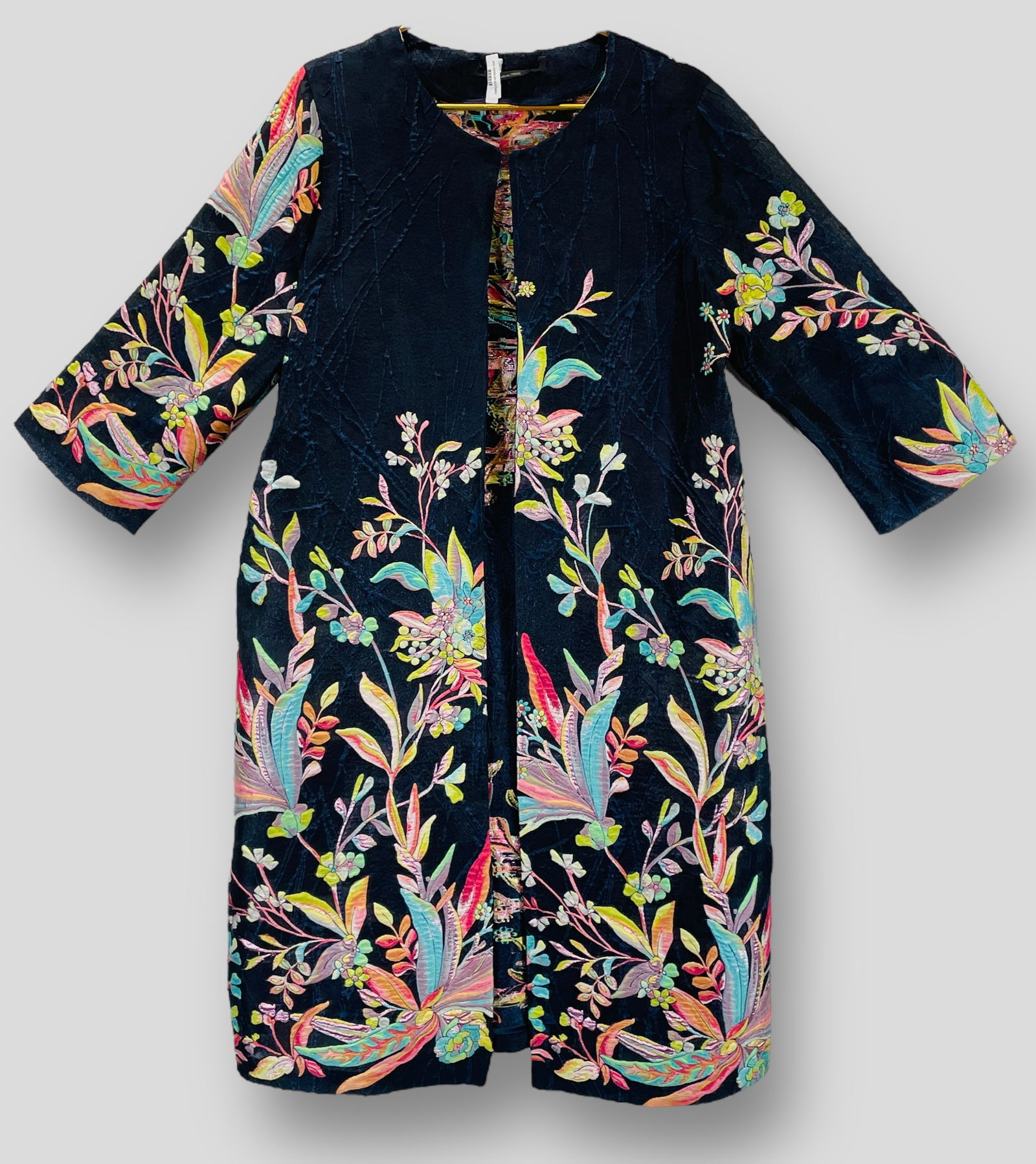 Midnight Blue Sheer Long Evening Jacket with Tropical Orchid Border. Made in Italy. No Maker Label (1 of 5)