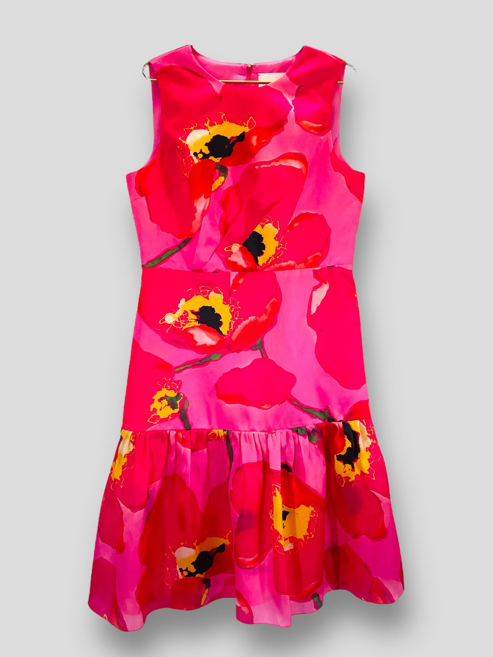 CAROLINA HERRERA NEW YORK Macro Pink Poppy Tiered Sleeveless Dress. Sz 14. NWT (1 of 7)