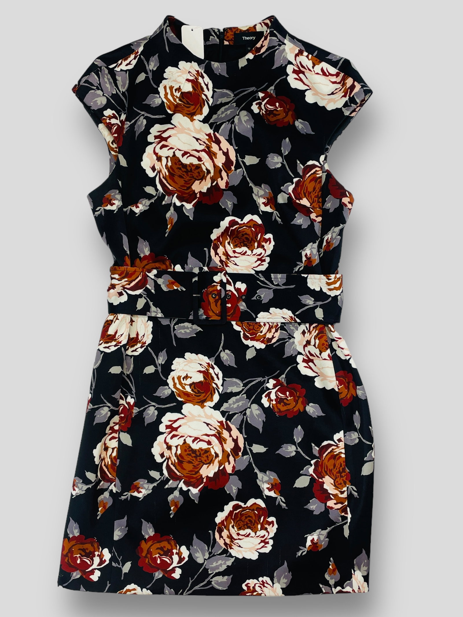 THEORY Black Satin Cap Sleeve Belted Dress, with Brown and Grey Rose Pattern. Sz 12: Shipping: We do not provide in-house shipping or packing. Please reach out to one of our preferred shippers for a quote: Donald Camden UPS Store #4608 store4608@theupsstore.com - 703-569-8802 Navis Pa