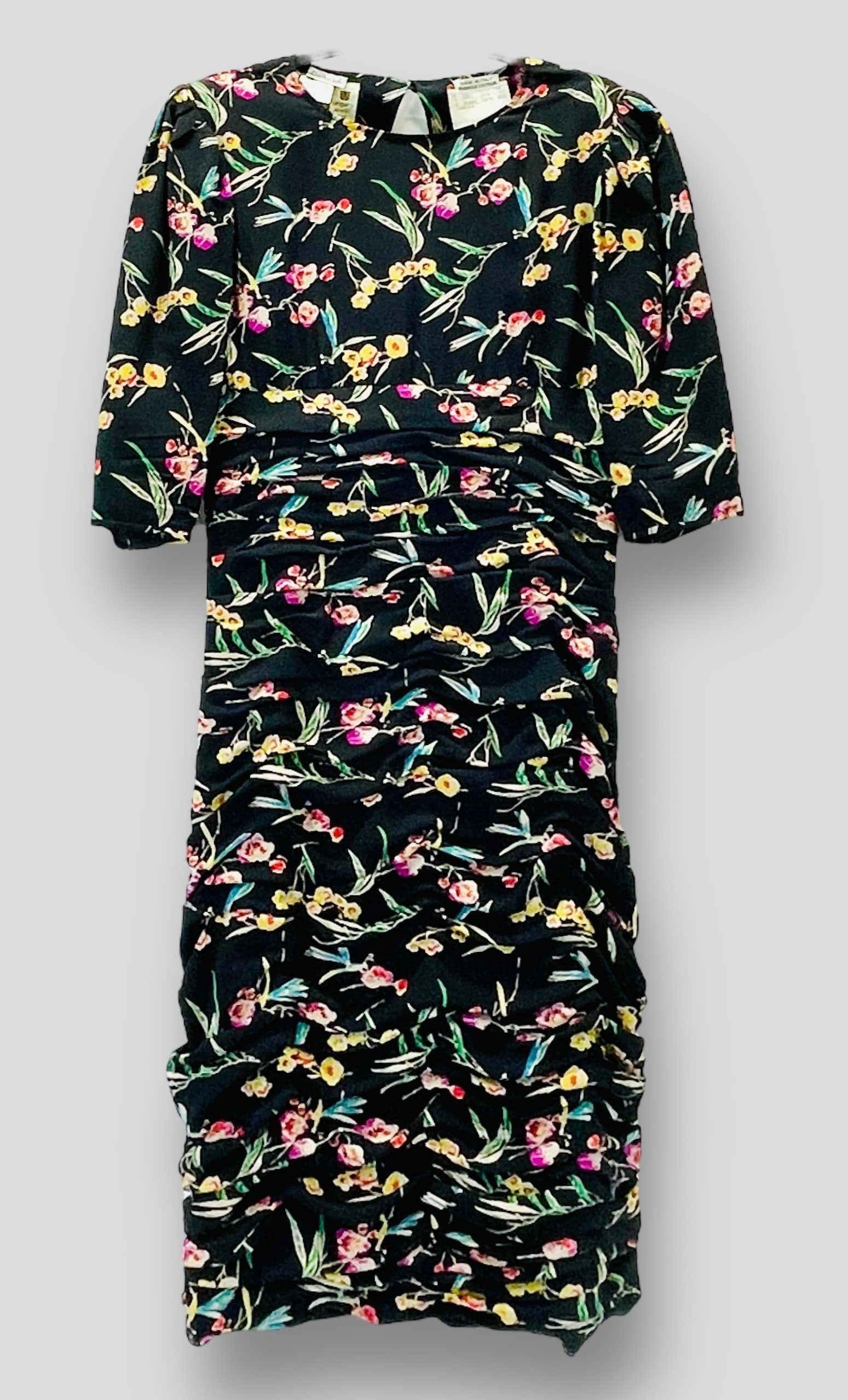 UNGARO PARALLELE PARIS for GARFINCKEL'S, Vintage Black/Multi Floral Rouched Wiggle Dress with Half (1 of 6)