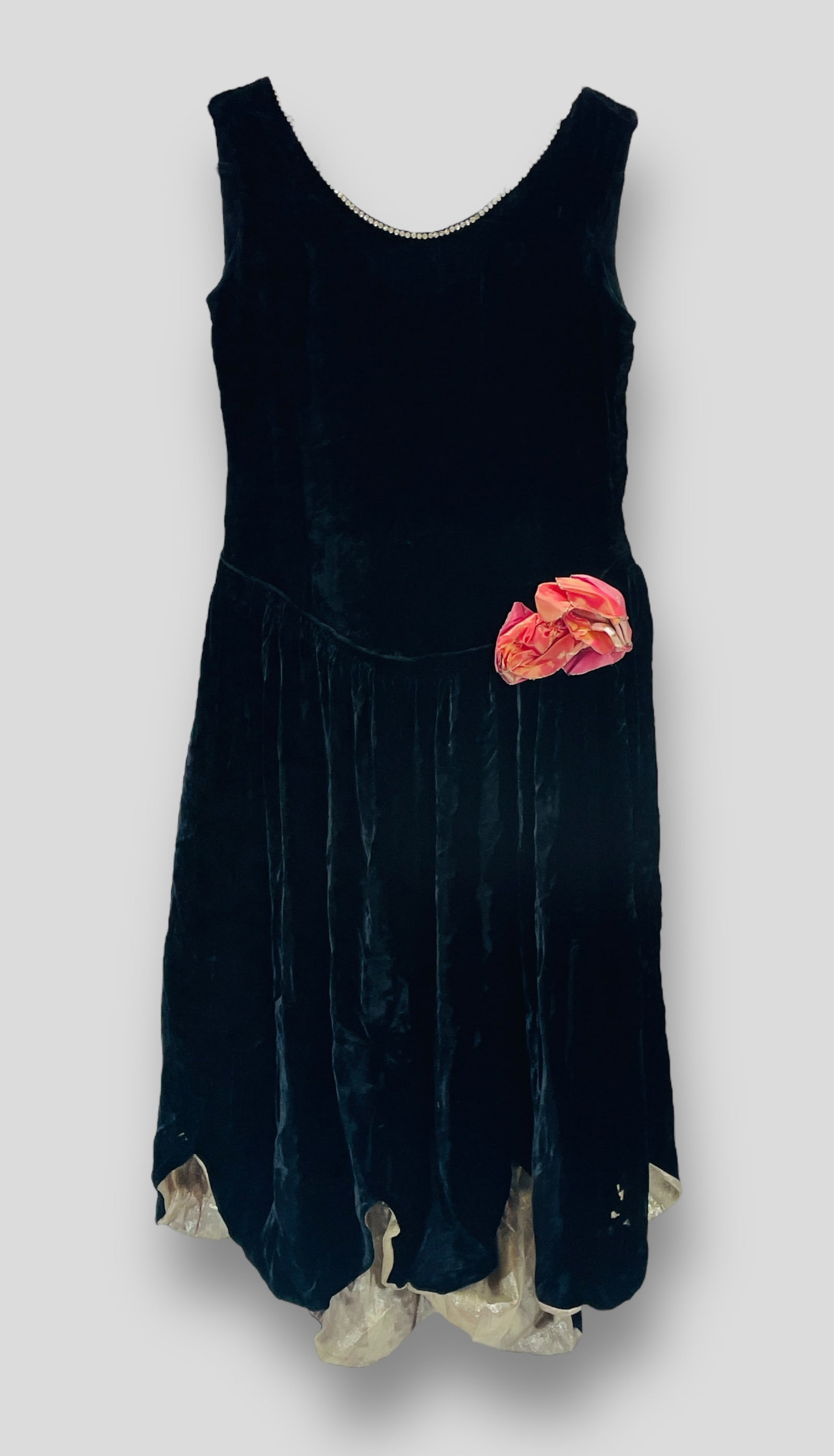 Vintage Velvet Black Ballerina Style Dress with Scalloped Hemline and Contrast Metallic Silver: Measurement taken flat. Chest 16.5" Waist 15" Shipping: We do not provide in-house shipping or packing. Please reach out to one of our preferred shippers for a quote: Donald Camden UPS Store #4608 sto