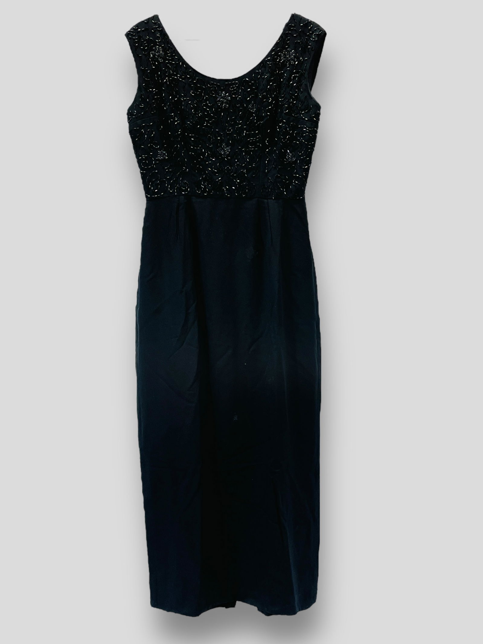 Vintage Black Beaded Bodice Crepe Evening Gown with Draped Back. (1 of 7)