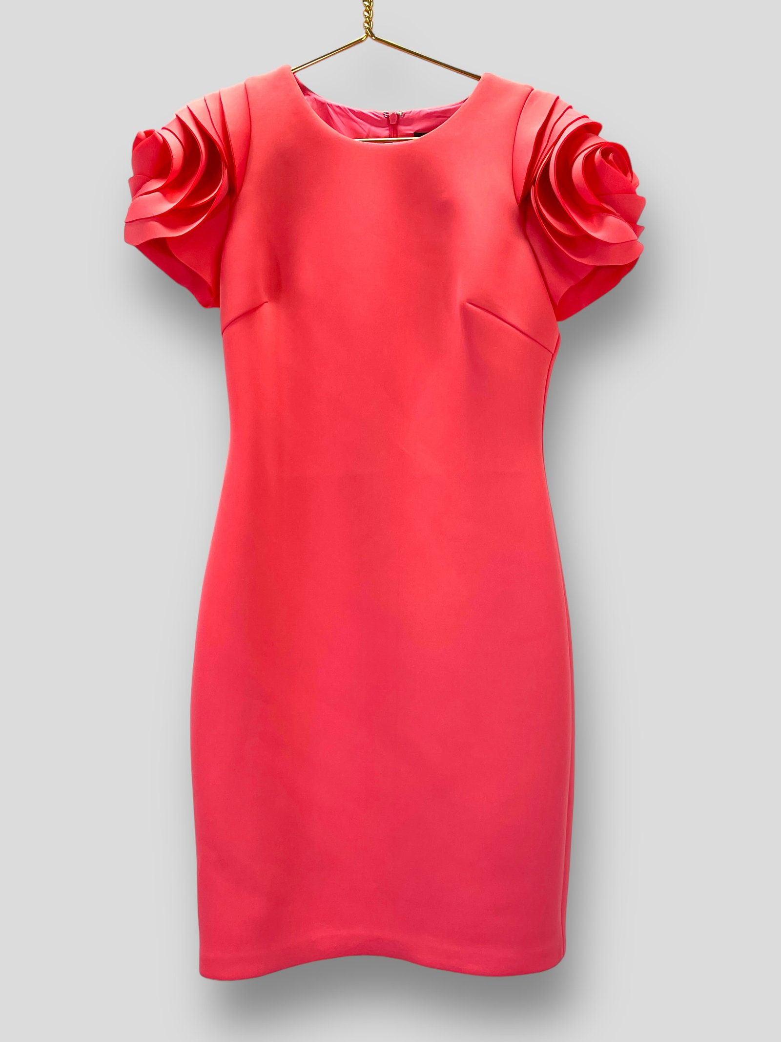 BADGLEY MISCHKA Coral/Pink Rosette Sleeve Tailored Neoprene Mini Dress. Sz 12: Shipping: We do not provide in-house shipping or packing. Please reach out to one of our preferred shippers for a quote: Donald Camden UPS Store #4608 store4608@theupsstore.com - 703-569-8802 Navis Pa