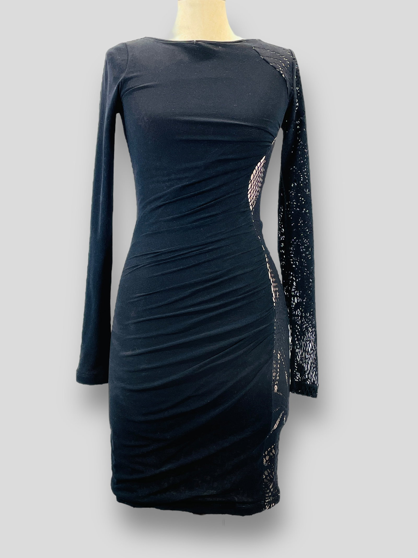 JEAN PAUL GAULTIER Black Longsleeve Bodycon Dress with See-Through Lace Panel on Left Sleeve and: Shipping: We do not provide in-house shipping or packing. Please reach out to one of our preferred shippers for a quote: Donald Camden UPS Store #4608 store4608@theupsstore.com - 703-569-8802 Navis Pa