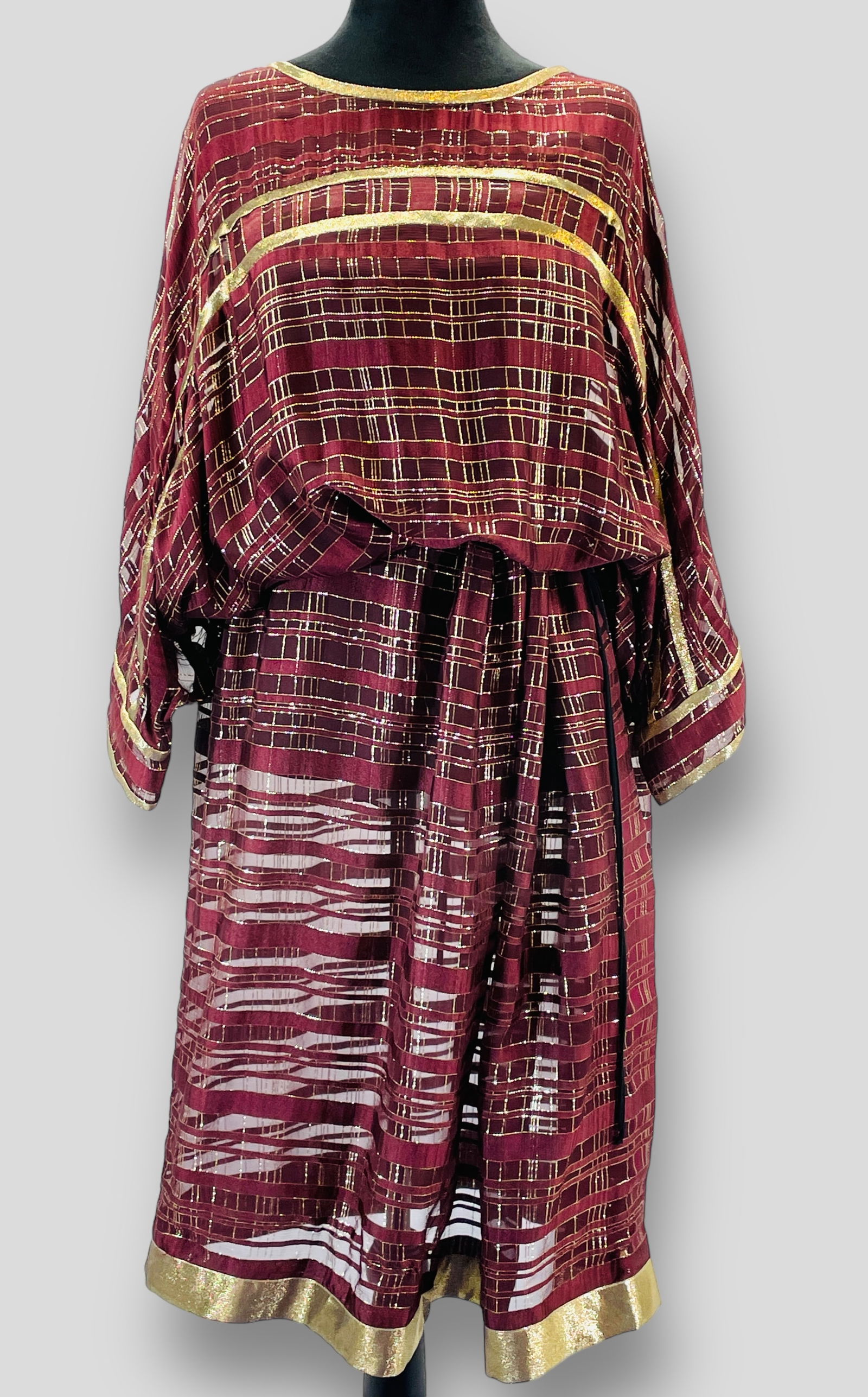 ETRO Burgundy and Metallic Gold Sheer Tunic Dress. Sz 44: Shipping: We do not provide in-house shipping or packing. Please reach out to one of our preferred shippers for a quote: Donald Camden UPS Store #4608 store4608@theupsstore.com - 703-569-8802 Navis Pa