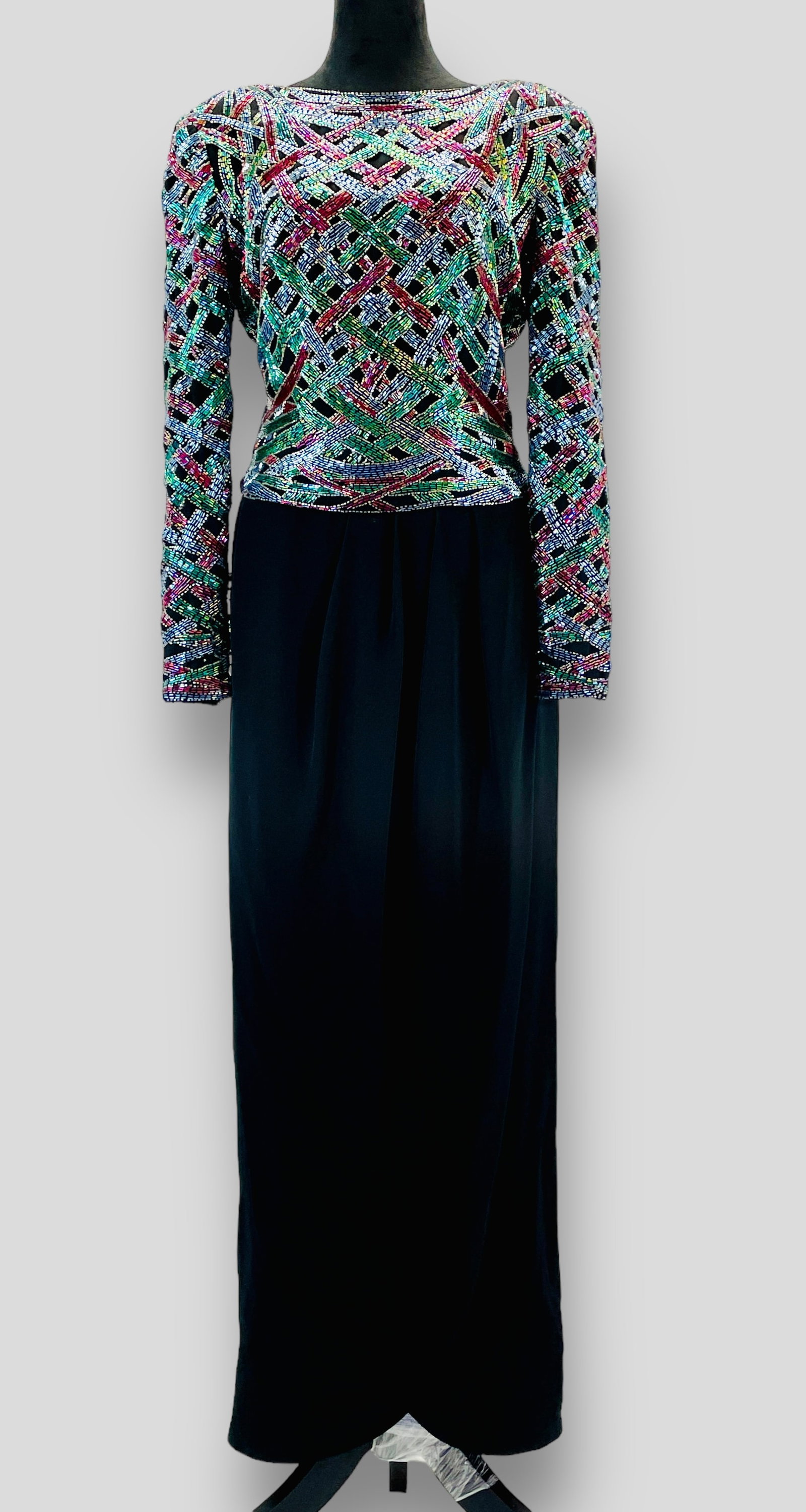 VICTORIA ROYAL LTD, Vintage Gown with Beaded Multi-Color Basket Weave Bodice and Sleeves. Made in: Shipping: We do not provide in-house shipping or packing. Please reach out to one of our preferred shippers for a quote: Donald Camden UPS Store #4608 store4608@theupsstore.com - 703-569-8802 Navis Pa