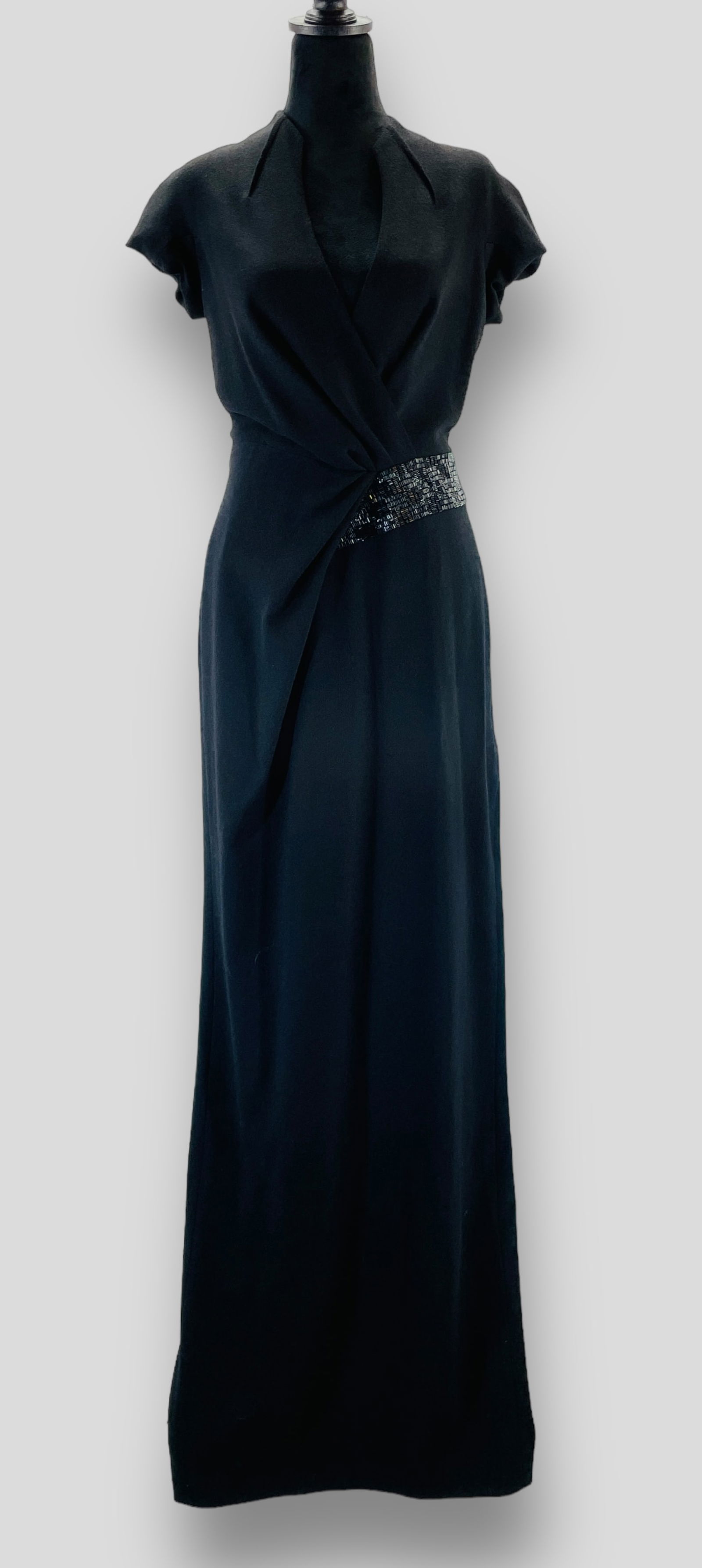 SALVATORE FERRAGAMO Black Draped Wool Gown with Beaded Hip Detail. Sz 42 NWT: Shipping: We do not provide in-house shipping or packing. Please reach out to one of our preferred shippers for a quote: Donald Camden UPS Store #4608 store4608@theupsstore.com - 703-569-8802 Navis Pa