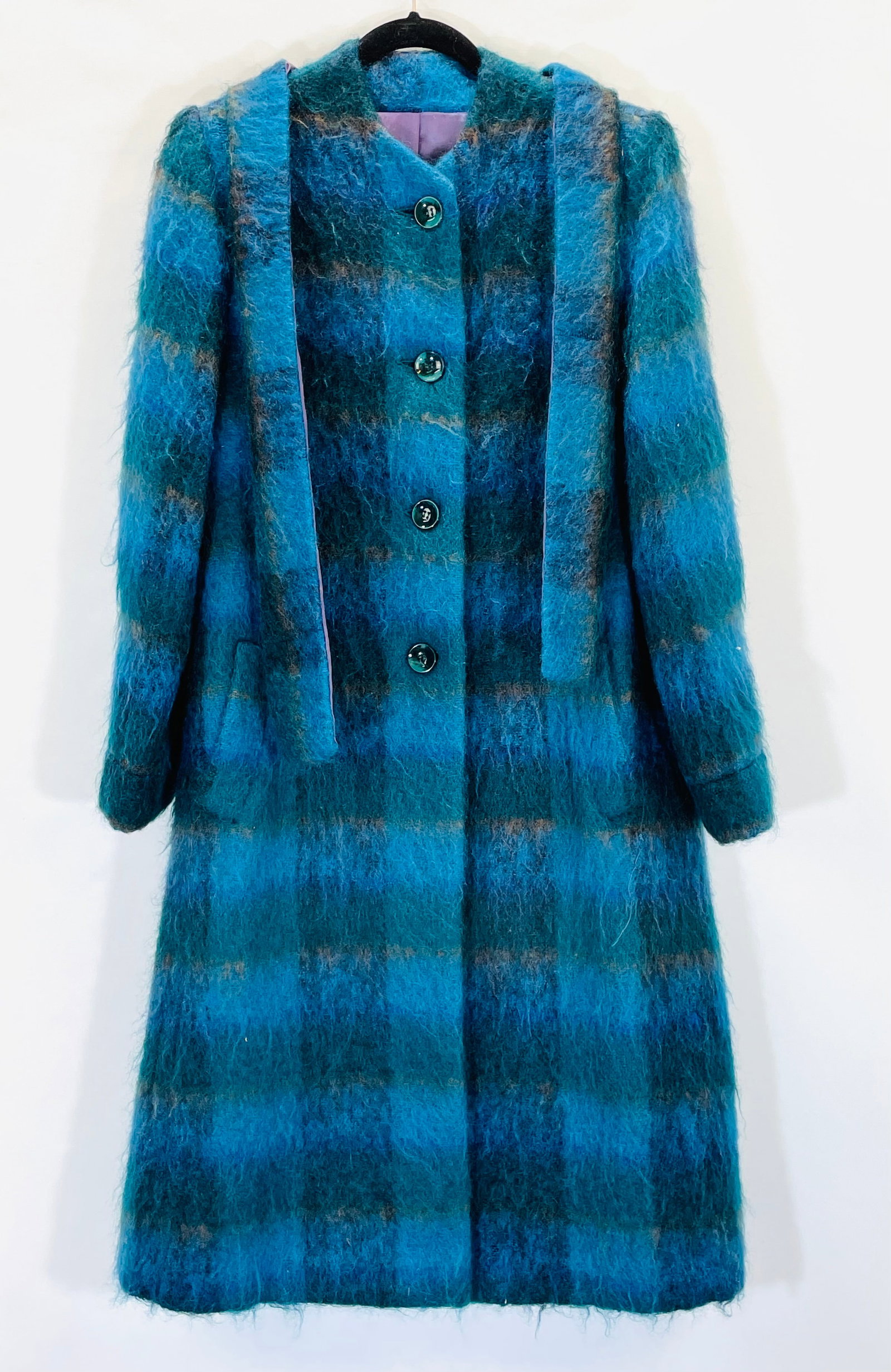 Vintage Mohair Blue Plaid Collarless Coat with Matching Scarf.: Measurement taken flat. Shoulders 21" Chest 15" Length 40" Shipping: We do not provide in-house shipping or packing. Please reach out to one of our preferred shippers for a quote: Donald Camden UPS St