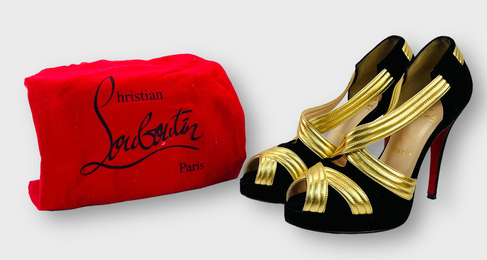 CHRISTIAN LOUBOUTIN Black/Gold Suede & Leather Cross Front Platform Peeptoe Pumps with Signature Red (1 of 7)