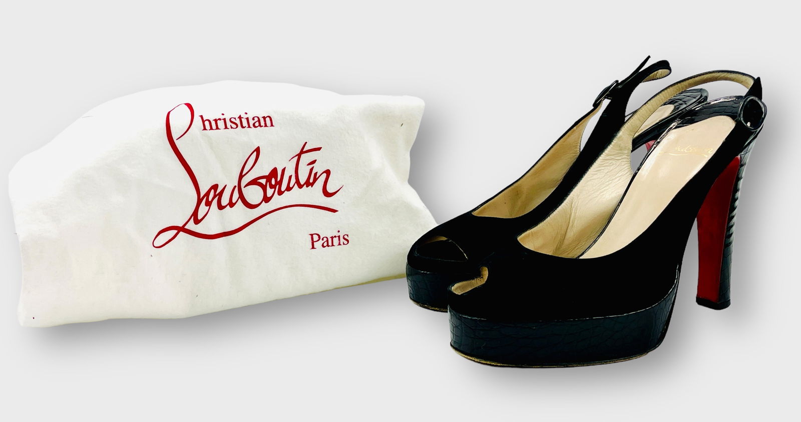 CHRISTIAN LOUBOUTIN Black Satin Croc Embossed Peeptoe Slingback Platform Sandals. Sz 40 (1 of 6)