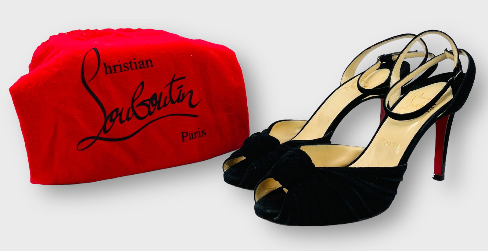 CHRISTIAN LOUBOUTIN Suede Pleated Accent Sandals. Size 39.5: Good condition, outsoles have some wear, dust bag included Shipping: We do not provide in-house shipping or packing. Please reach out to one of our preferred shippers for a quote: Donald Camden UPS St