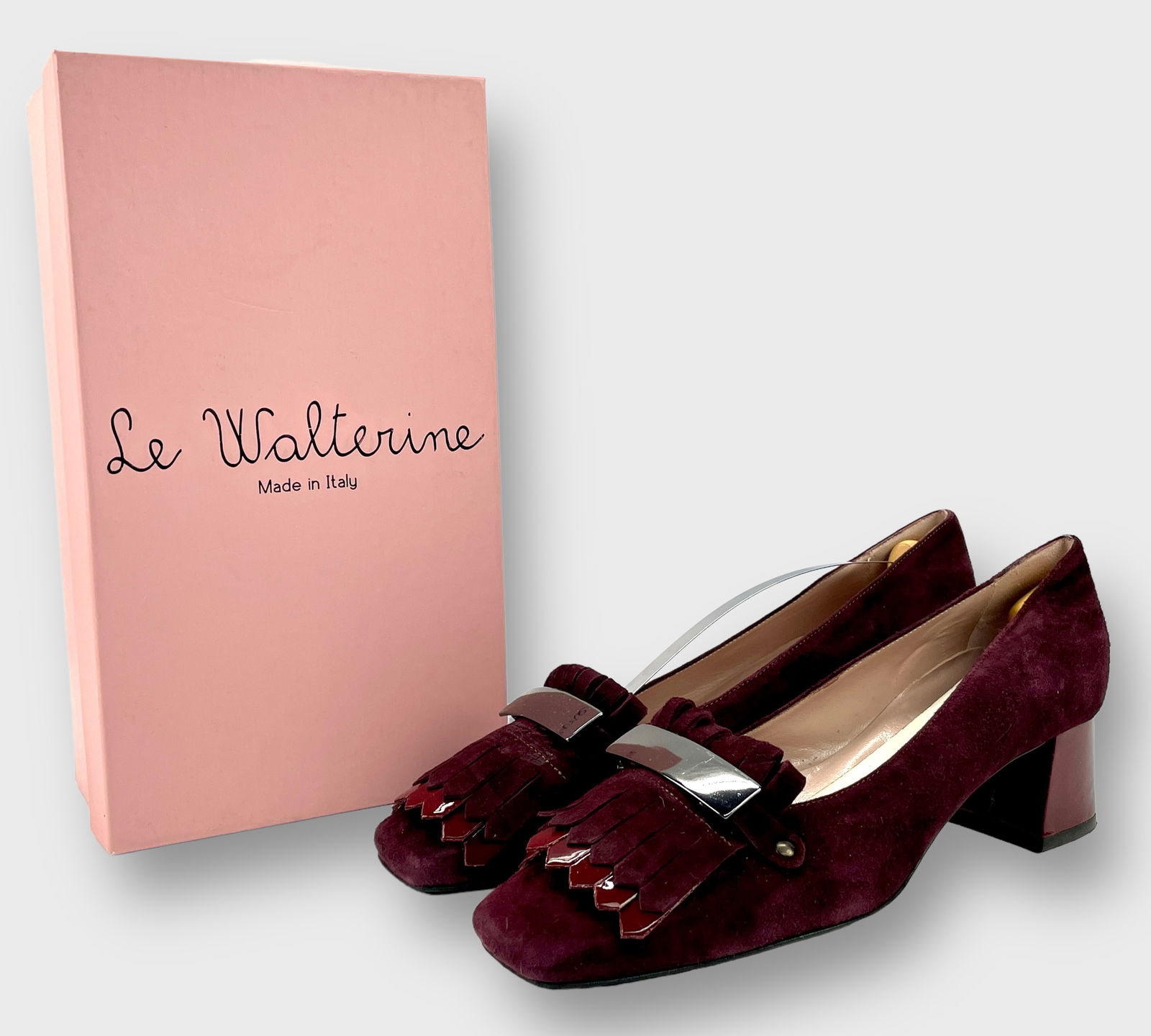 LE WALTERINE Camoscio Burgundy Suede Patent Leather Toe Platform Chunky Heel Oxford Slip On Fringe (1 of 7)