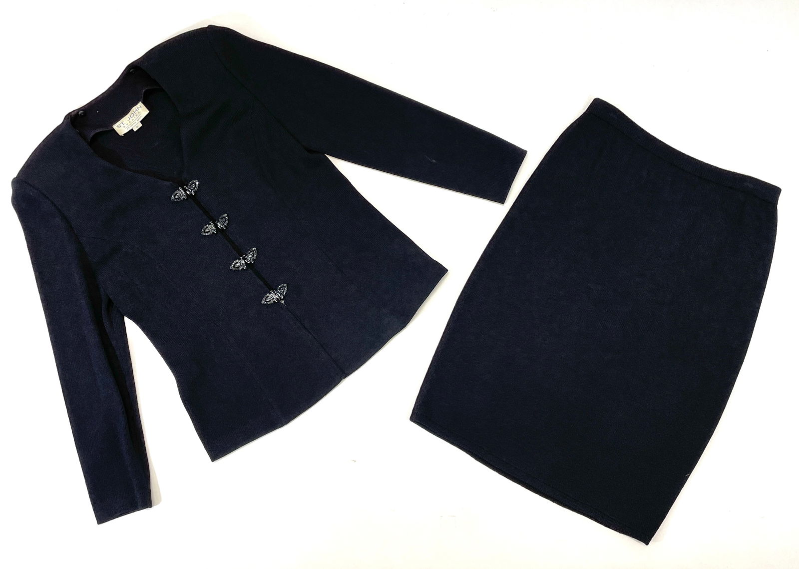 ST. JOHN EVENING BY MARIE GRAY Black Knit Jacket with Black Rhinestone Clasps and Shoulder Pads. (1 of 5)